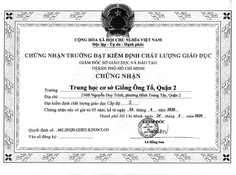 Quyết định công nhận đạt tiêu chuẩn chất lượng giáo dục năm học Năm 2020